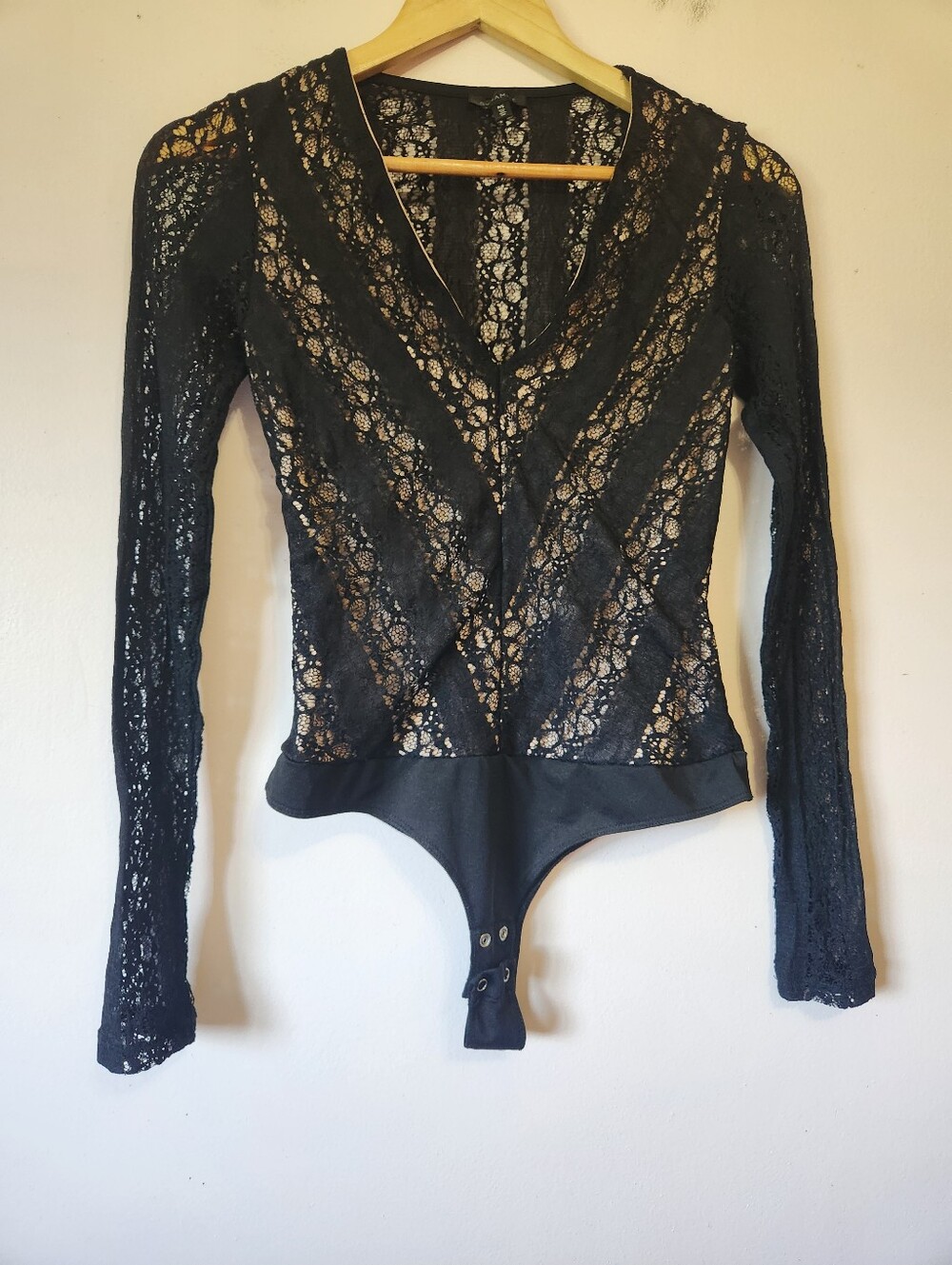 Dynamite Black Lace Long Sleeve V-Neck Bodysuit Nude Illusion Goth Whimsigoth S